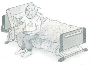 おじいさんがベッドに腰掛けているイラスト