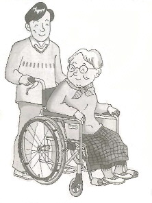 車いすのおばあさんと介護の若い男性のイラスト
