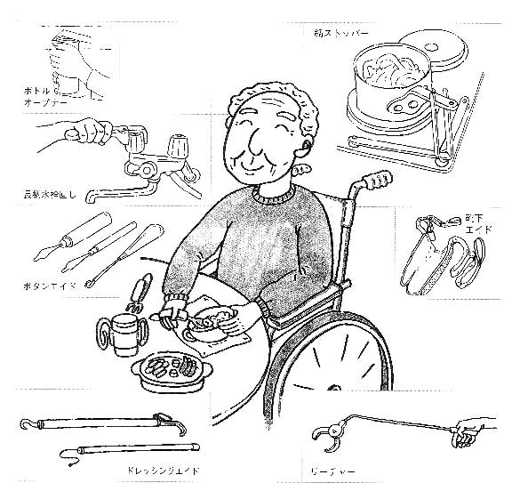 おじいさんが自助具を使い食事しているイラスト